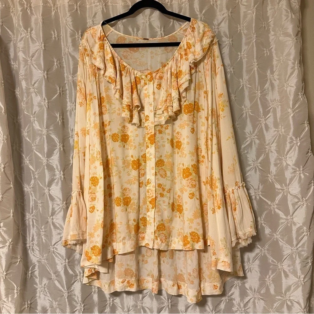 Free People Loretta Tunic Top Tea Combo Cream Yellow Floral Print Ruffle Boho